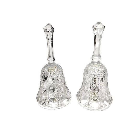 2 Matching Pattern Clear Cut Glass Decorative Bells 5.25 Inch Works - Picture 1 of 3